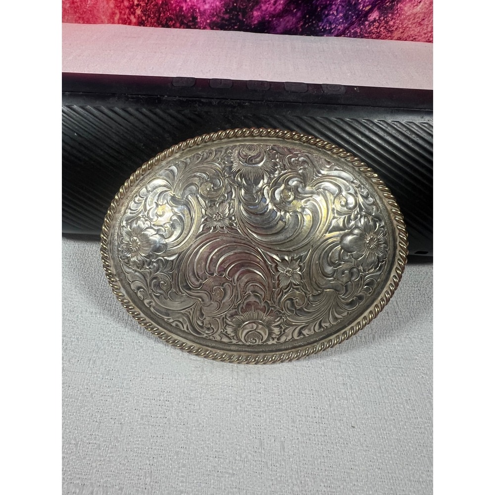 Vintage 1980s Crumrine Mfg Reno NV Western Floral Engraved Rope Edge LARGE